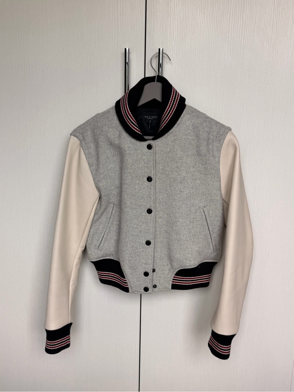rag & bone Gray Wool Varsity Jacket with Cream Sleeves